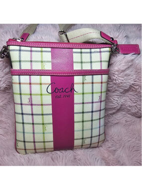 Coach Heritage Pink Plaid Tattersall Adjustable Crossbody Swingpack Bag